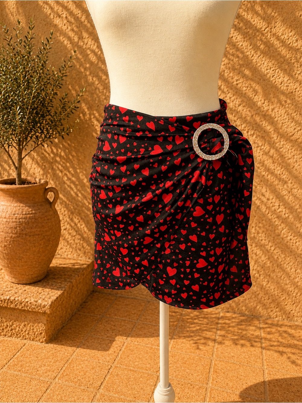 Forever 21 Black Mini Skirt with Red Heart Print and Rhinestone Buckle